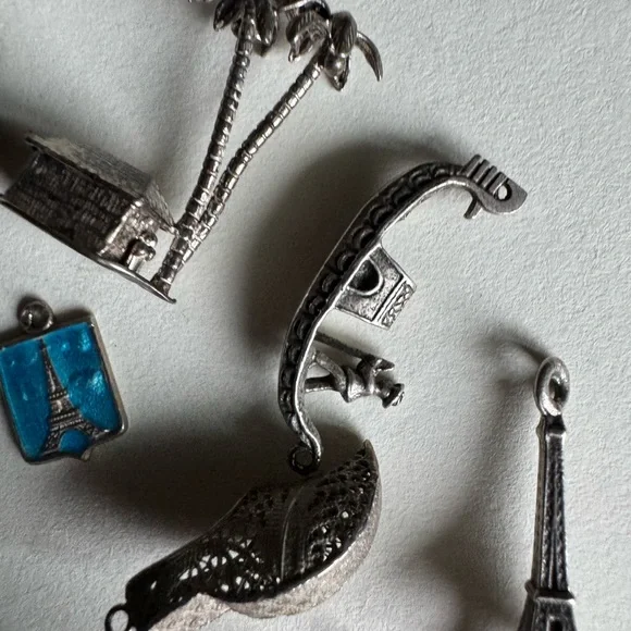 9pc Sterling Silver and silver tone travel charm collection bundle